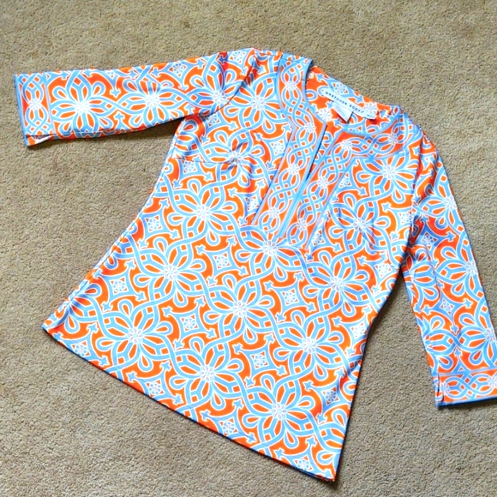 Gretchen Scott Designs Orange, Blue and White Geometric Floral Tunic Top